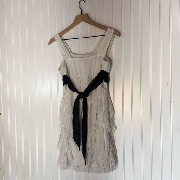 Sequin Hearts White Chiffon Ruffle Mini Dress Black Waist Bow 16 Formal Goth Y2K - Picture 2 of 8